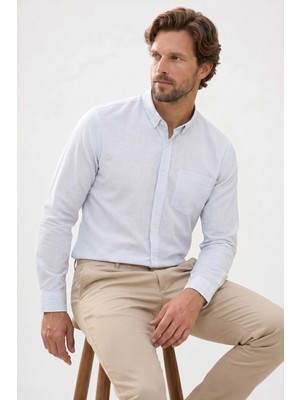 Tudors Erkek Slim Fit Dar Kesim %100 Pamuk Düğmeli Yaka Çizgili Uzun Kollu Cepli Keten Efektli Gömlek