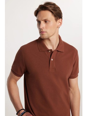 Tudors Erkek Slim Fit Dar Kesim Premium Seri %100 Pamuk Yumuşak Dokulu Merserize Kahverengi Polo Yaka Tişört 