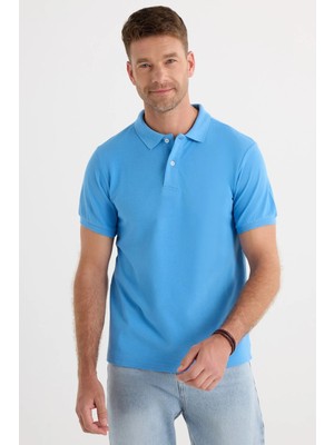 Tudors Erkek Slim Fit Dar Kesim Premium Seri %100 Pamuk Yumuşak Dokulu Merserize Mavi Polo Yaka Tişört 