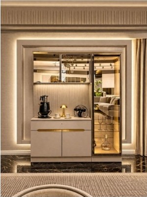 Cozze Mobilya LED Işıklı Kahve Köşesi Ünitesi Modern Tasarım Vizon Renk 200 cm Yükseklik 125 cm Genişlik