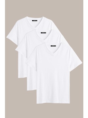 Mmetalic Erkek Çok Renkli %100 Pamuk T- Shirt Regular Fit Rahat Kesim V Yaka 3'lü Basic Tişört Paketi