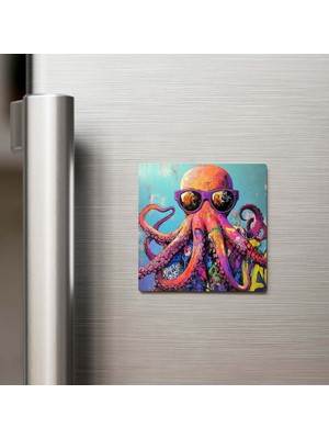 UltraMint Renkli Ahtapot Mıknatıslı Buzdolabı Magneti, 9x9 Cm, Güneş Gözlüklü Tasarım