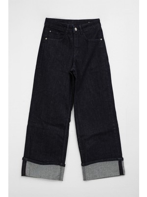 Markapia Kadın Yüksek Bel Wide Leg Paçası Katlamalı Lacivert Jean Pantolon