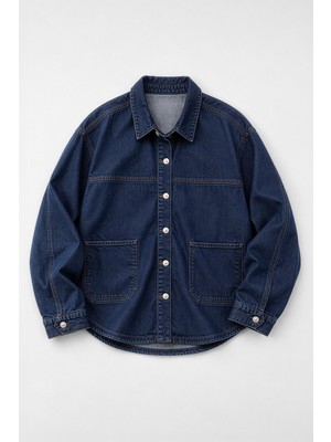 Markapia Kadın Gömlek Yaka Oversize Koyu Mavi Jean Ceket