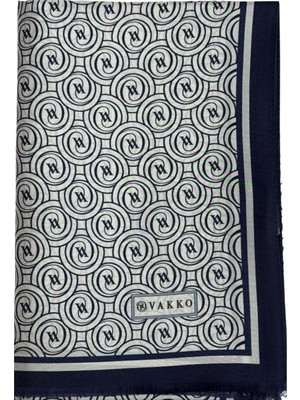 Vakko Tivil Monogram Ipek Şal 41407-BEYAZ Lacivert