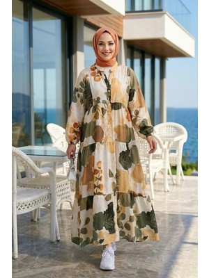 Harma Time Butik Kadın Rahat Kesim Desenli Modal Kumaş Haki Elbise