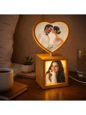 Sanal Bayim Dönen Ahşap Ledli Kalp Fotoğraf Çerçeve 10X15