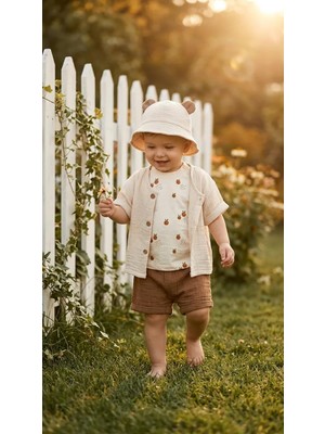 TA&CE Kids Tace Kıds %100 Pamuk Müslin Bebek Yazlık Takımı 4'lü Set - Kulaklı Şapka, Gömlek, Tişört ve Şort