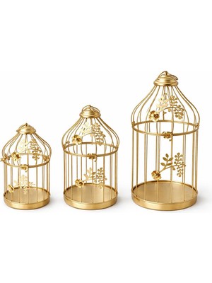Tbl Dekor Dekoratif Gold Metal 3'lü Kafes Mumluk Seti