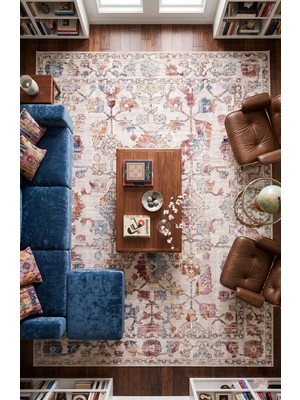 Estiva Home Vintage Krem Desenli Dijital Kaymaz Pamuk Taban Yıkanabilir Tozumaz Robot Süpürgeye Uygun Salon Otuma Mutfak Yolluk Halısı Kalın Süngerli Pamuklu