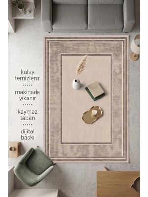 Estiva Home Çerçeveli Krem Desenli Dijital Kaymaz Pamuk Taban Yıkanabilir Tozumaz Robot Süpürgeye Uygun Salon Otuma Mutfak Yolluk Halısı Kalın Süngerli Pamuklu