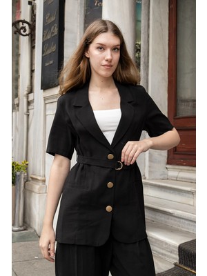 Jument Kadın Likrasız Keten Görünümlü Kumaş Yakalı Flato Cepli Kısa Kol Blazer Ceket-Siyah