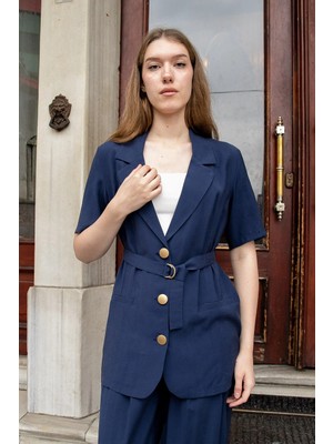Jument Kadın Likrasız Keten Görünümlü Kumaş Yakalı Flato Cepli Kısa Kol Blazer Ceket-Lacivert