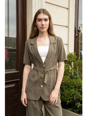 Jument Kadın Likrasız Keten Görünümlü Kumaş Yakalı Flato Cepli Kısa Kol Blazer Ceket-Haki