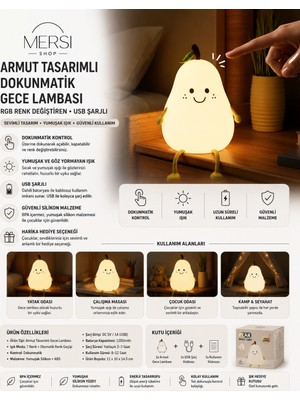 Mersi Shop Armut Tasarımlı Dokunmatik Gece Lambası Rgb Renk Değiştiren USB Şarjlı