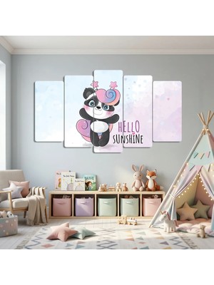 Zevahir Mobilya Dekorasyon Pastel Renkli Şirin Panda 5 Parça Mdf - Bebek ve Kız Çocuk Odası Duvar Tablosu