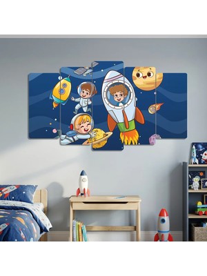 Zevahir Mobilya Dekorasyon Uzay Macerası ve Minik Astronotlar 5 Parça Mdf - Bebek ve Erkek Çocuk Odası Duvar Tablosu