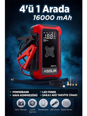 Assur 4'ü 1 Arada Dijital Göstergeli | Powerbank | LED Fener | Hava Kompresörü| Şarjlı Akü Takviye Cihazı