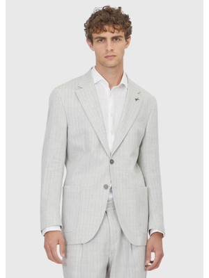 Ramsey Açık Gri Çizgili Zeroweight Slim Fit Yün Karışımlı Takım Elbise