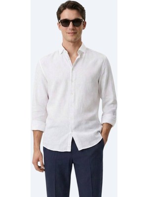 Kip Beyaz Düz Regular Fit Uzun Dokuma Casual Pamuk Karışımlı Gömlek