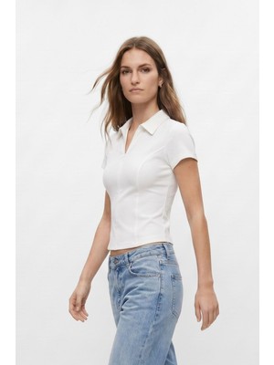 Rays Ekru Polo Yaka Kısa Kol Crop Tişört 26651