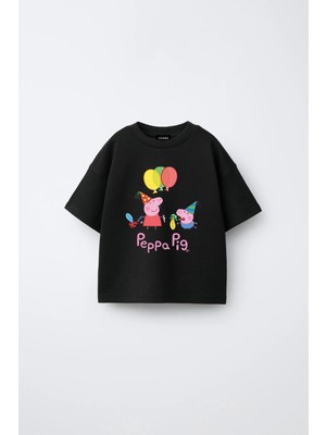 Fasardi Peppa Pig Baskılı Oversize %100 Pamuk Kısa Kol Unisex Çocuk Tişört