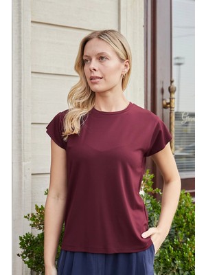 Jument Kadın Ipeksi Kumaş Geniş Sıfır Yaka Kısa Kol Tshirt Bluz-Bordo