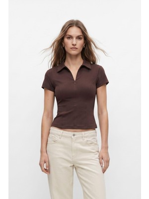 Rays Kahve Polo Yaka Kısa Kol Crop Tişört 26651