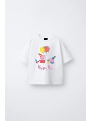 Fasardi Peppa Pig Baskılı Oversize %100 Pamuk Kısa Kol Unisex Çocuk Tişört