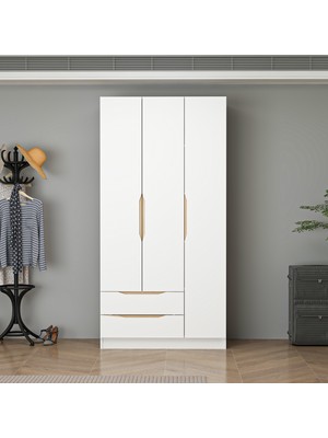 Homeizi Alin 3 Kapaklı 2 Çekmeceli Gardırop - Elbise Dolabı - J Soft Kulp - Beyaz