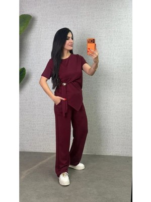 Stelol Kadın Kısa Kollu Bisiklet Yaka Yandan Toka Detaylı Viskon Iki Iplik Bluz ve Pantolon Ikili Takım