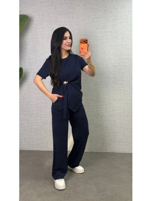 Stelol Kadın Kısa Kollu Bisiklet Yaka Yandan Toka Detaylı Viskon Iki Iplik Bluz ve Pantolon Ikili Takım