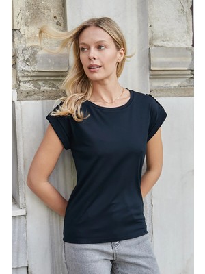 Jument Kadın Kaliteli Likrasız Span Kumaş Geniş Sıfır Yaka Duble Kollu Apoletli Düğmeli T-Shirt Bluz-Koyu Lacivert