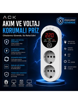 Ack Akım ve Voltaj Korumalı Priz | Çift Prizli | LED Ekranlı | 15 A |3000W Güç Kapasiteli | Aşırı ve Düşük Voltaj Koruması