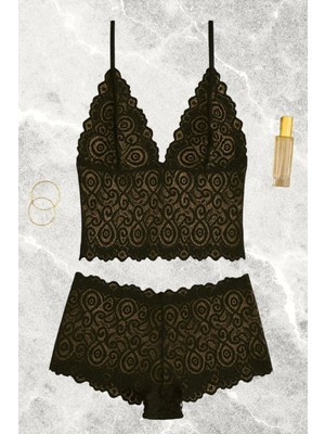 İlkyaz Fashion Ieg™ Siyah Dantel Bralet Şort Takımı Askılı Şık Kadın Ev Giyim