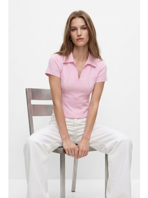 Rays Pembe Polo Yaka Kısa Kol Crop Tişört 26651