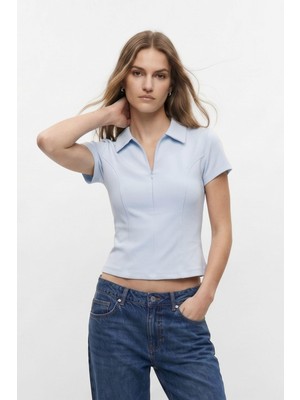 Rays Mavi Polo Yaka Kısa Kol Crop Tişört 26651