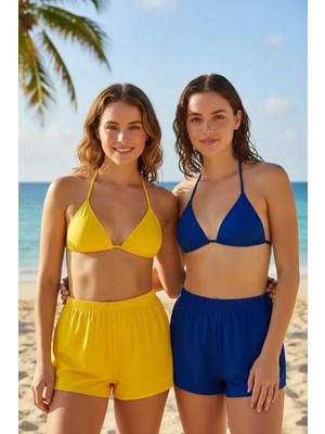 İlkyaz Fashion Ieg™ Kadın Sarı ve Mavi Şortlu Belden ve Boyundan Bağlamalı Bikini Takımı