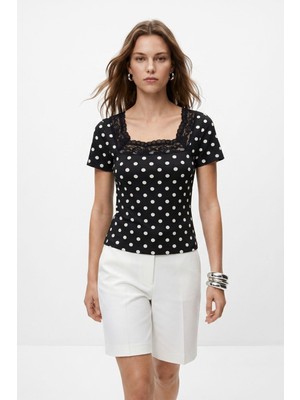 Rays Siyah Kare Yaka Dantel Detaylı Puantiyeli Crop Bluz 089