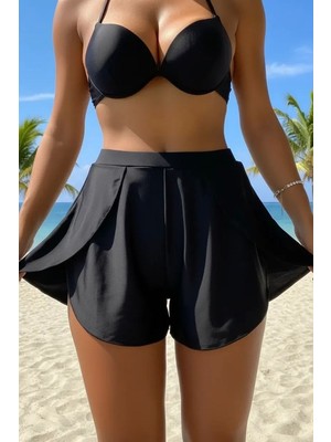 İlkyaz Fashion Ieg™ Kadın Siyah Modern Kesim Yırtmaçlı Etek Görünümlü Şık Deniz Şortu