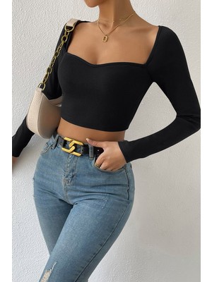 Hace Bazaar Kadın Siyah Uzun Kol Göğüs Dekolteli Şık Crop Top Bluz