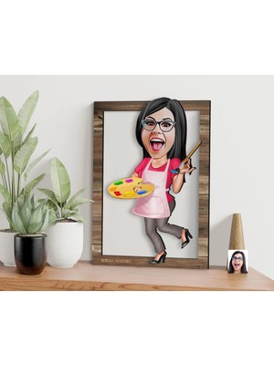 Bk Gift Kişiye Özel Kadın Ressam Karikatürlü 3D Ahşap Tablo, Sevgiliye Hediye, Arkadaşa Hediye, Yıl Dönümü Hediyesi, Doğum Günü Hediyesi-1