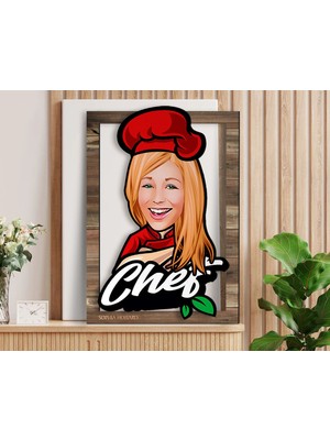 Bk Gift Kişiye Özel Kadın Chef Karikatürlü 3D Ahşap Tablo, Sevgiliye Hediye, Arkadaşa Hediye, Yıl Dönümü Hediyesi, Doğum Günü Hediyesi-4