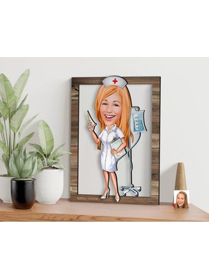 Bk Gift Kişiye Özel Hemşire Karikatürlü 3D Ahşap Tablo, Sevgiliye Hediye, Arkadaşa Hediye, Yıl Dönümü Hediyesi, Doğum Günü Hediyesi-2