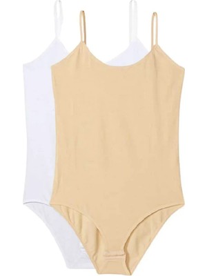 Hace Bazaar 2 Adet Ip Askılı Kadın Çıtçıtlı Body Beyaz ve Ten