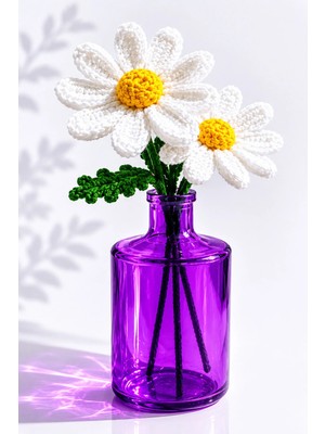 Neholia 🌼 El Örgüsü Papatya Vazo 27 cm Mor Cam Vazolu Dekoratif Handmade Çiçek Ev Masa Dekoru