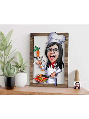 Bk Gift Kişiye Özel Kadın Chef Karikatürlü 3D Ahşap Tablo, Sevgiliye Hediye, Arkadaşa Hediye, Yıl Dönümü Hediyesi, Doğum Günü Hediyesi-2
