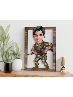 Bk Gift Kişiye Özel Asker Karikatürlü 3D Ahşap Tablo, Sevgiliye Hediye, Arkadaşa Hediye, Yıl Dönümü Hediyesi, Doğum Günü Hediyesi-1