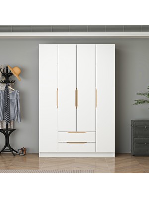 Homeizi Alin 4 Kapaklı 2 Çekmeceli Gardırop - Elbise Dolabı - J Soft Kulp - Beyaz