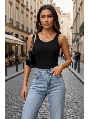 Hace Bazaar Kadın Siyah Kolsuz Kalın Askılı Uzun Crop Top Bluz & Atlet Modern Basic Üst